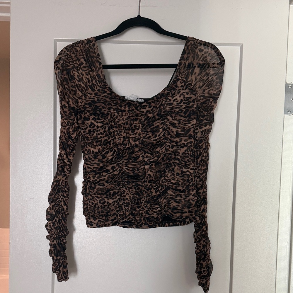 Good American Leopard-Print Ruched Brown Long-Sleeve Crop Top